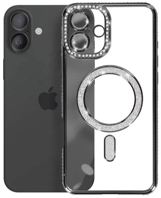 iPhone 16 Plus Hoesjes – MagSafe Glitter Backcover – Diamantjes – Glamour Design – Zwart-Ilumina Benelux