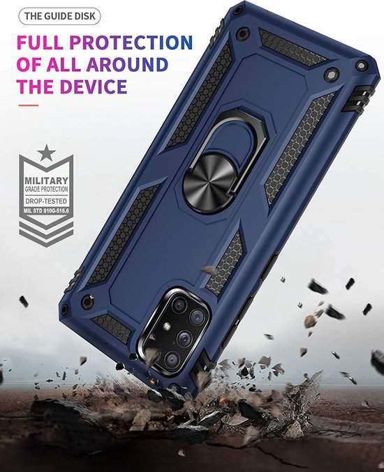 Samsung Galaxy A51 Hoesjes – Ring Armor Backcover – 360° Draaibare Standaard – Magneet – Blauw-Ilumina Benelux