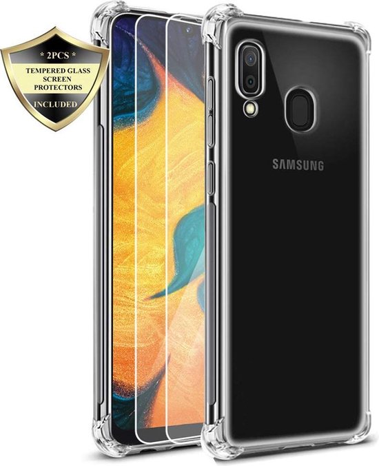 Hoesje Geschikt voor: Samsung Galaxy A20E - Anti Shock Hybrid Case & 2X Tempered Glas Combi - Transparant