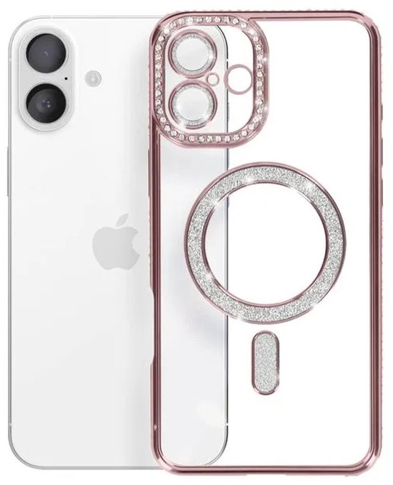 iPhone 16 Hoesjes – MagSafe Glitter Backcover – Diamantjes – Glamour – Roségoud-Ilumina Benelux
