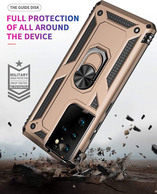 Samsung Galaxy S21 Ultra Hoesjes – Ring Armor Backcover – 360° Draaibare Standaard – Magneet – Goud-Ilumina Benelux