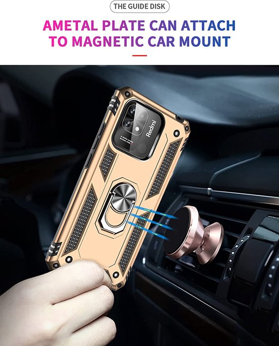 Xiaomi Redmi 10C Hoesjes – Ring Armor Backcover – 360° Draaibare Standaard – Magneet – Goud-Ilumina Benelux