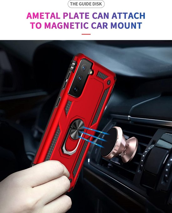 Samsung Galaxy S21 5G Hoesjes – Anti-Shock Hybride Ring Armor Backcover – Schokbestendig – Rood-Ilumina Benelux
