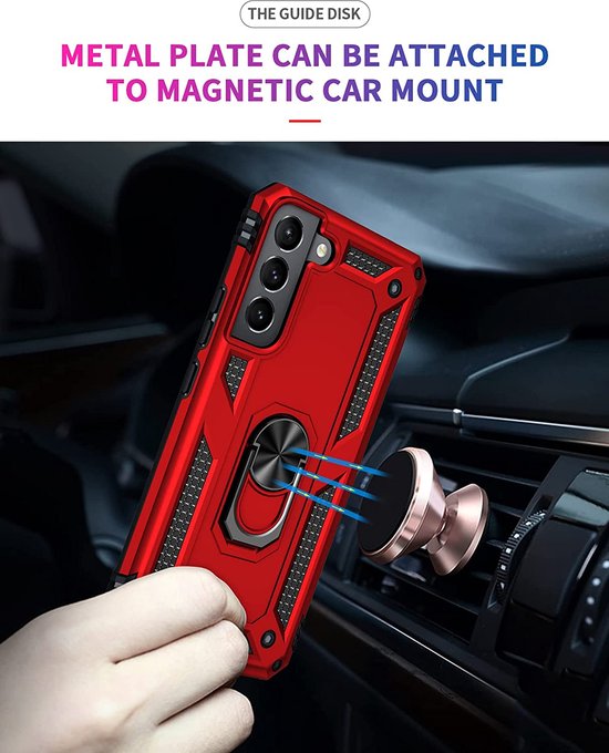 Samsung Galaxy S22 Hoesjes – Ring Armor Backcover – 360° Draaibare Standaard – Magneet – Rood-Ilumina Benelux