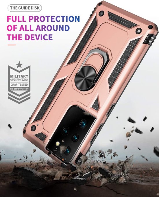 Samsung Galaxy S21 Ultra Hoesjes – Ring Armor Backcover – 360° Draaibare Standaard – Magneet – Roségoud-Ilumina Benelux
