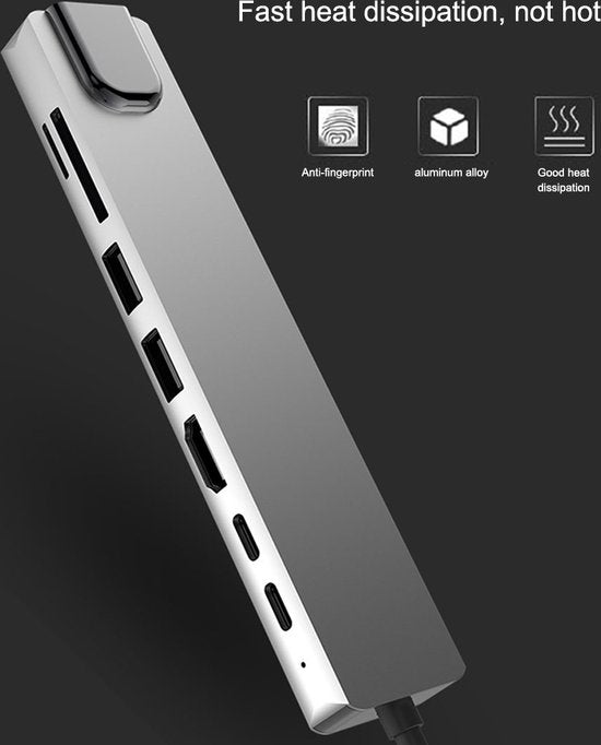 USB-C Hub – 8-in-1 Type-C Adapter met Ethernet – 4K HDMI – 2x USB 3.0 – 100W PD – SD Kaartlezer – Geschikt voor MacBook/Chromebook/HP/Asus/Lenovo-Ilumina Benelux