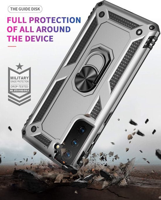 Samsung Galaxy S21 FE Hoesjes – Anti-Shock Hybride Ring Armor Backcover – Schokbestendig – Zilver-Ilumina Benelux