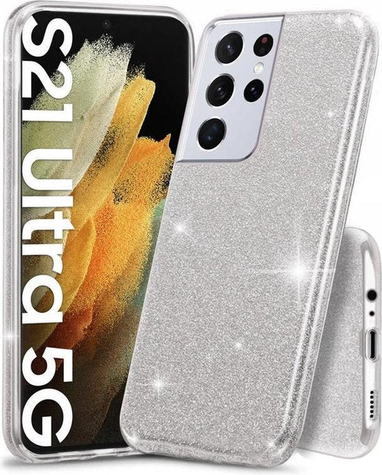 Samsung Galaxy S21 Ultra Hoesjes – Siliconen TPU Backcover – Glitter BlingBling – Schokbestendig – Zilver-Ilumina Benelux
