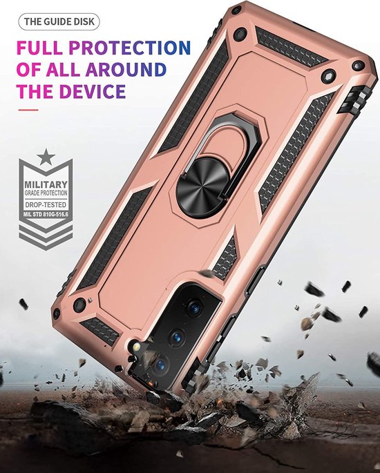 Samsung Galaxy S21 5G Hoesjes – Anti-Shock Hybride Ring Armor Backcover – Schokbestendig – Roségoud-Ilumina Benelux