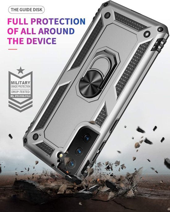 Samsung Galaxy S21 Hoesjes – Ring Armor Backcover – 360° Draaibare Standaard – Magneet – Zilver-Ilumina Benelux