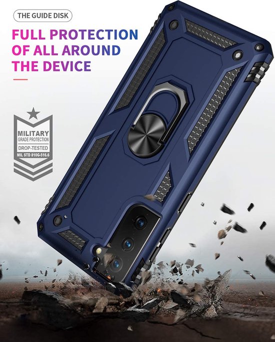 Samsung Galaxy S21 Hoesjes – Ring Armor Backcover – 360° Draaibare Standaard – Magneet – Blauw-Ilumina Benelux