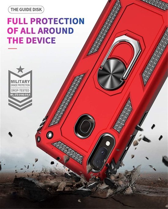 Samsung Galaxy A20E Hoesjes – Anti-Shock Hybride Ring Armor Backcover – Schokbestendig – Rood-Ilumina Benelux