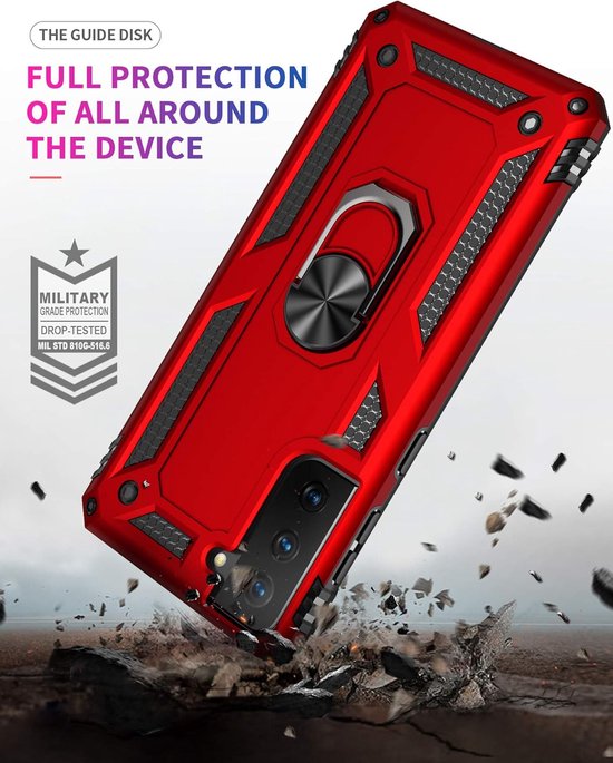 Samsung Galaxy S21 5G Hoesjes – Anti-Shock Hybride Ring Armor Backcover – Schokbestendig – Rood-Ilumina Benelux