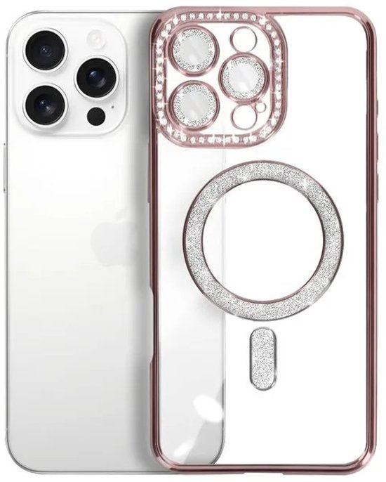 iPhone 16 Pro Max Hoesjes – MagSafe Glitter Backcover – Diamantjes – Glamour – Roségoud-Ilumina Benelux