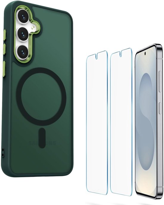 Samsung Galaxy S25 Hoesjes – Matte MagSafe Backcover – Magnetisch – 2x Screenprotector – Groen-Ilumina Benelux