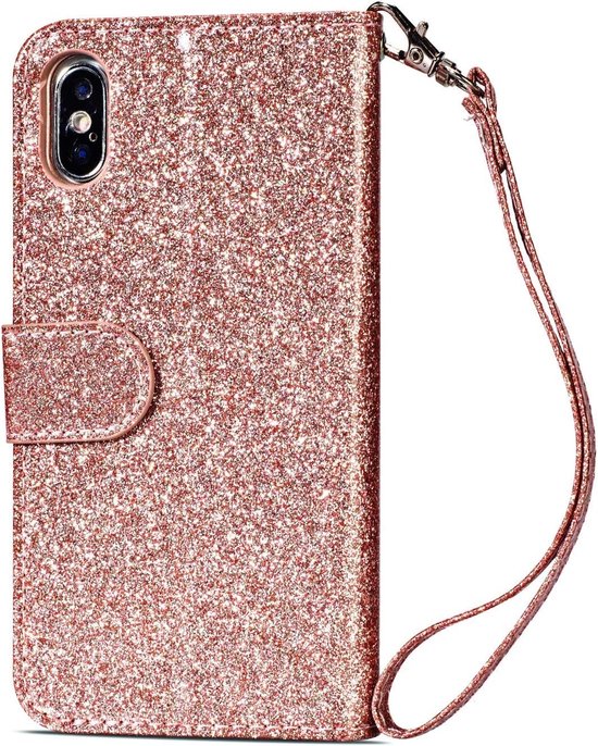 iPhone X / XS Hoesjes – Glitter Portemonnee Hoes – Rits & Koord – Roségoud-Ilumina Benelux