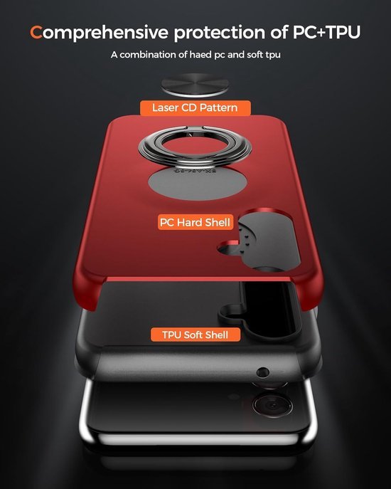 Samsung Galaxy A54 Hoesjes – Harde Backcover met Vingerring – Anti-drop – Rood-Ilumina Benelux