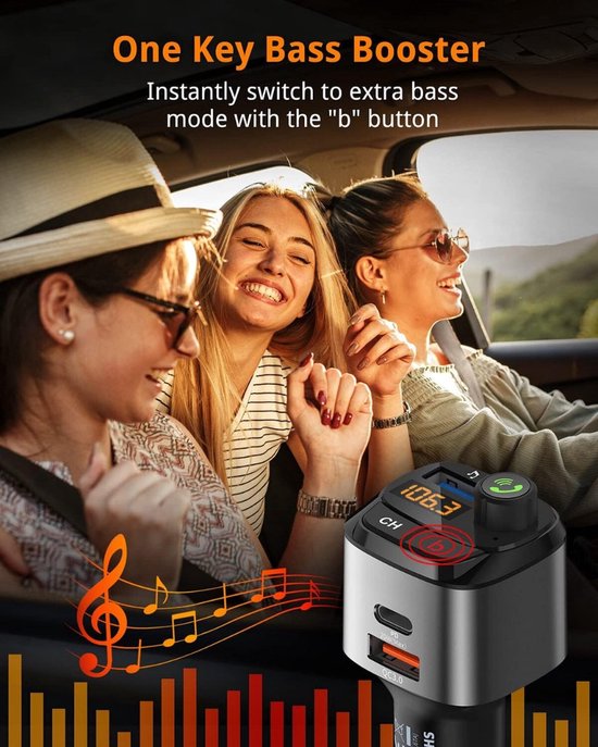FM Transmitter auto – Bluetooth 5.0 – USB-C Snellader PD3.0 & QC3.0 – Handsfree bellen – Bass Boost – Spraakbediening – Zwart-Ilumina Benelux