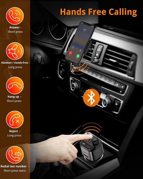 FM Transmitter auto – Bluetooth 5.0 – USB-C Snellader PD3.0 & QC3.0 – Handsfree bellen – Bass Boost – Spraakbediening – Zwart-Ilumina Benelux