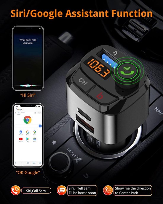 FM Transmitter auto – Bluetooth 5.0 – USB-C Snellader PD3.0 & QC3.0 – Handsfree bellen – Bass Boost – Spraakbediening – Zwart-Ilumina Benelux