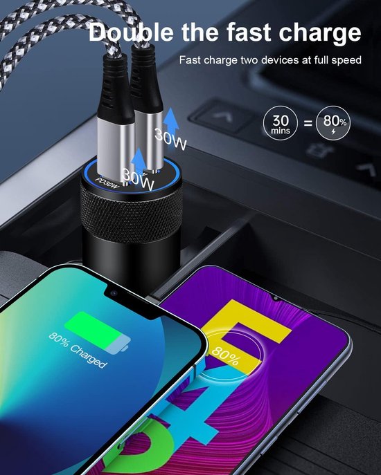 Autolader – Dual USB-C 60W – Power Delivery Snellader – 2 Poorten Type-C-Oplader-Ilumina Benelux