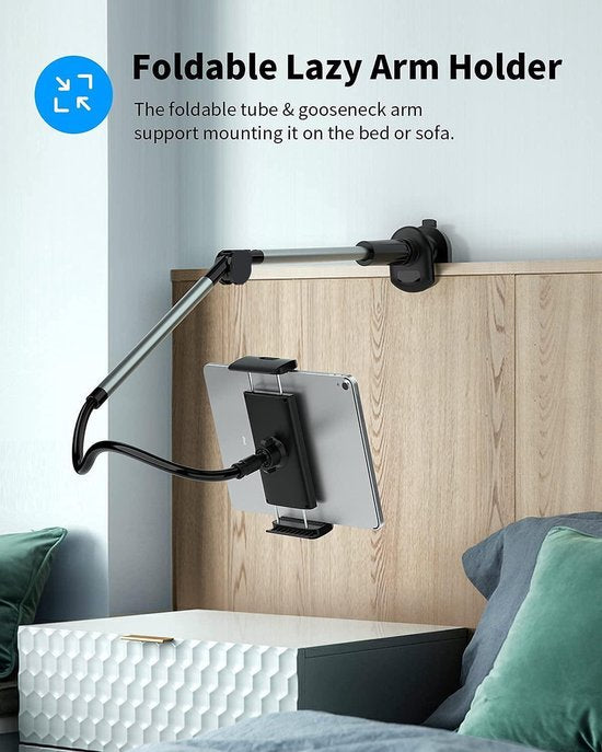 Tablethouder bed – Opvouwbare zwanenhals klemarm – 360° draaibaar – Voor 4,7-11 inch tablets – Zwart-Ilumina Benelux
