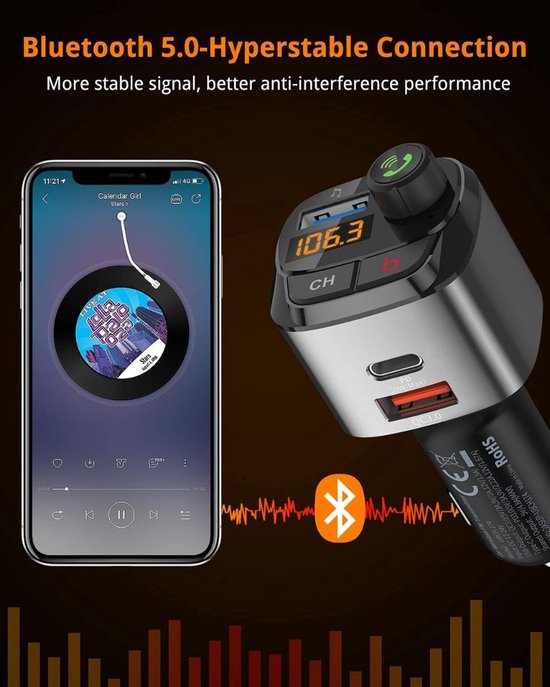 FM Transmitter auto – Bluetooth 5.0 – USB-C Snellader PD3.0 & QC3.0 – Handsfree bellen – Bass Boost – Spraakbediening – Zwart-Ilumina Benelux