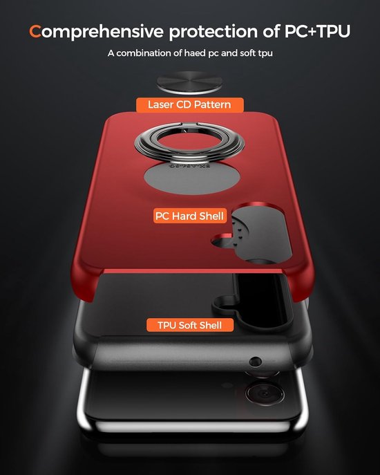 Samsung Galaxy A25 Hoesjes – Hardcase Backcover met Vingerring – Anti-drop Schokbestendig – Rood-Ilumina Benelux