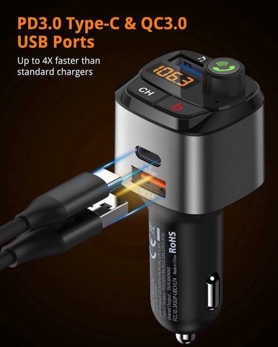 FM Transmitter auto – Bluetooth 5.0 – USB-C Snellader PD3.0 & QC3.0 – Handsfree bellen – Bass Boost – Spraakbediening – Zwart-Ilumina Benelux