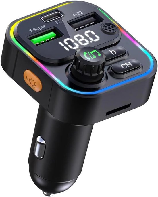 FM Transmitter Auto – Bluetooth 5.3 Carkit – USB-C Snellader 22.5W – USB-A & SD Kaart – Zwart-Ilumina Benelux