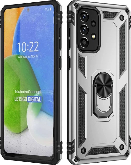 Samsung Galaxy A73 5G Hoesjes – Anti-Shock Hybride Ring Armor Backcover – Schokbestendig – Zilver-Ilumina Benelux