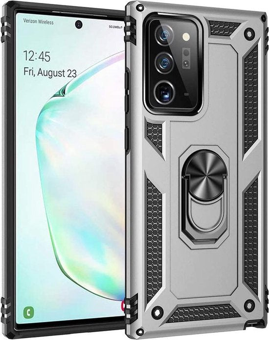 Samsung Galaxy Note 20 Hoesjes – Hybride Ring Armor Backcover – Schokbestendig – Anti-Shock – Zilver-Ilumina Benelux