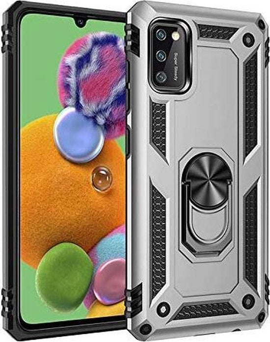 Samsung Galaxy A41 Hoesjes – Anti-Shock Hybride Backcover – Ringhouder – Armor Design – Zilver-Ilumina Benelux