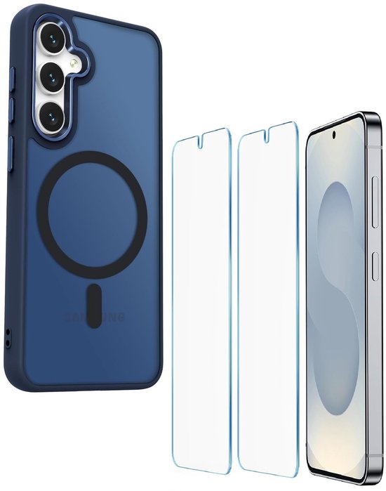 Samsung Galaxy S25 Hoesjes – Magnetische Backcover MagSafe Compatibel – Matte Achterkant – 2x Screenprotector – Blauw