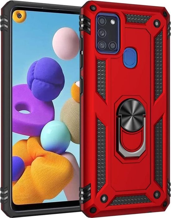 Anti-Shock Hybrid Ring Armor Hoesje Geschikt voor: Samsung Galaxy M21 - rood