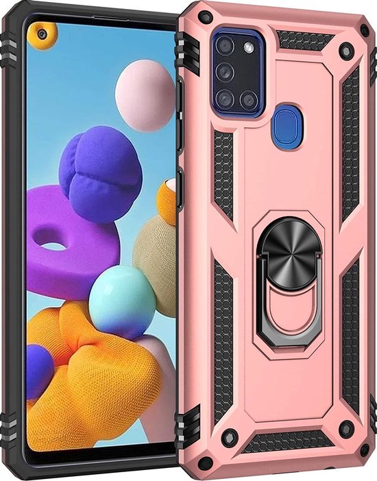 Anti-Shock Hybrid Ring Armor Hoesje Geschikt voor: Samsung Galaxy M21 - Roségoud
