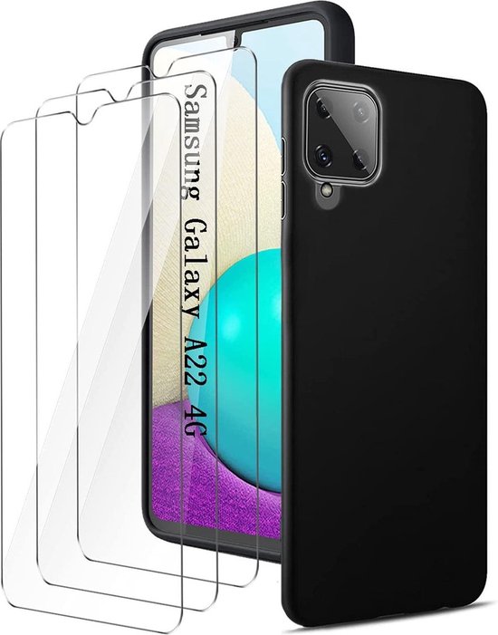 Samsung Galaxy A22 4G Hoesjes – Siliconen Backcover + 3x Screenprotector – Gehard Glas – Anti Kras – Zwart