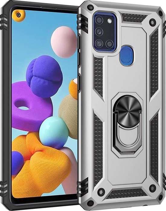 Samsung Galaxy M21 Hoesjes – Anti-Shock Hybride Backcover – Ringhouder – Armor Bescherming – Zilver-Ilumina Benelux