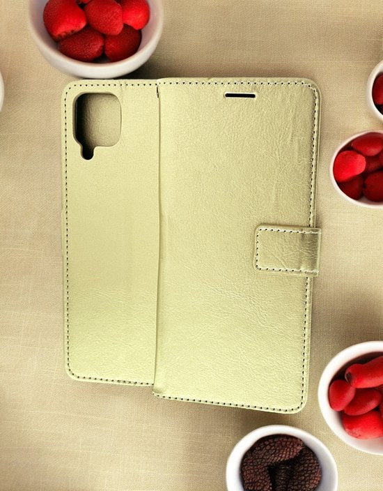 Samsung Galaxy A12 Hoesjes – Portemonnee Hoes – Pasjeshouder – 2x Gehard Glas Screenprotector – Goud-Ilumina Benelux