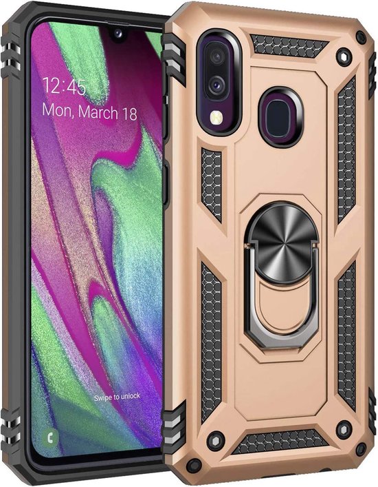 Samsung Galaxy A40 Hoesjes – Ring Armor Backcover – 360° Draaibare Standaard – Magneet – Goud-Ilumina Benelux