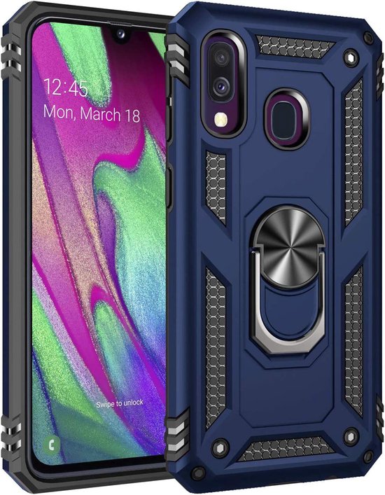 Samsung Galaxy A40 Hoesjes – Ring Armor Backcover – 360° Draaibare Standaard – Magneet – Blauw-Ilumina Benelux