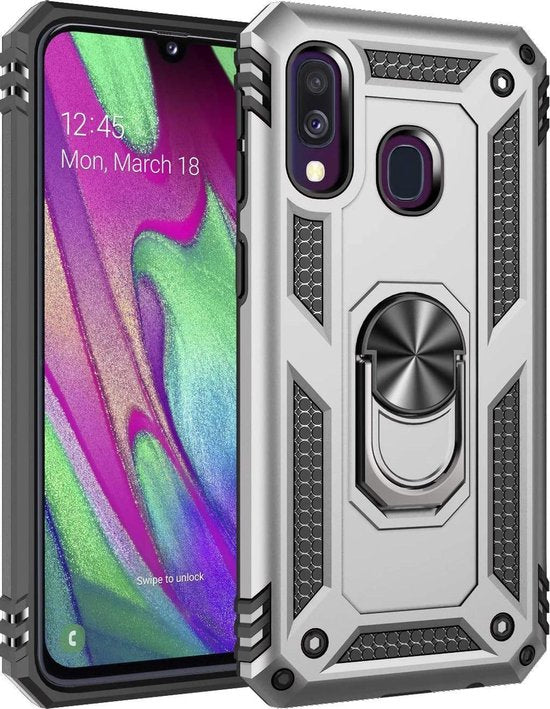 Samsung Galaxy A40 Hoesjes – Anti-Shock Hybride Ring Armor Backcover – Schokbestendig – Zilver-Ilumina Benelux
