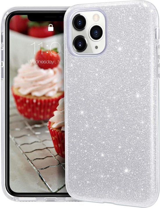 iPhone 12 Hoesjes – Siliconen TPU Backcover – Glitter BlingBling Cover – Zilver-Ilumina Benelux