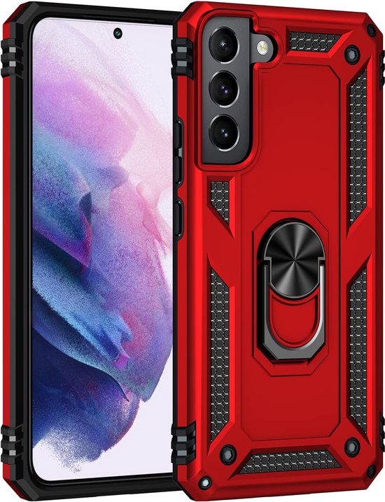 Samsung Galaxy S22 Hoesjes – Ring Armor Backcover – 360° Draaibare Standaard – Magneet – Rood-Ilumina Benelux