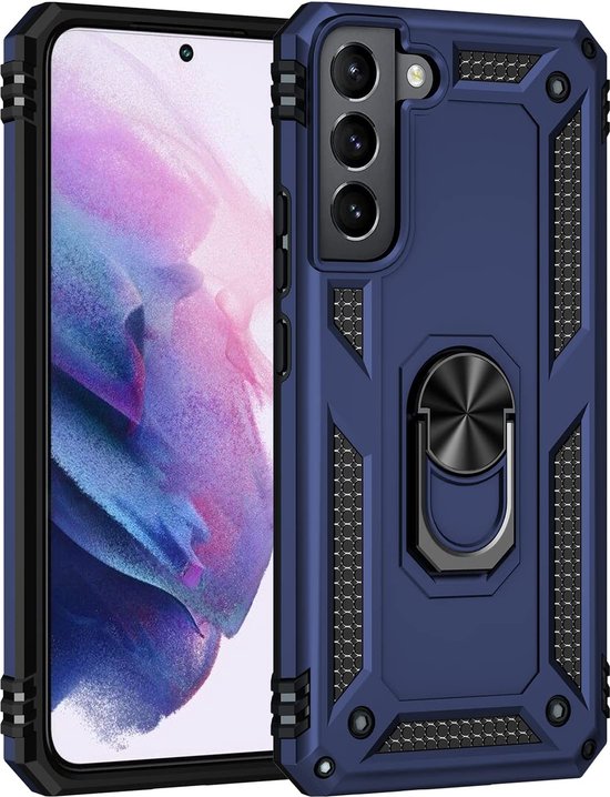 Samsung Galaxy S22 Hoesjes – Ring Armor Backcover – 360° Draaibare Standaard – Magneet – Blauw-Ilumina Benelux