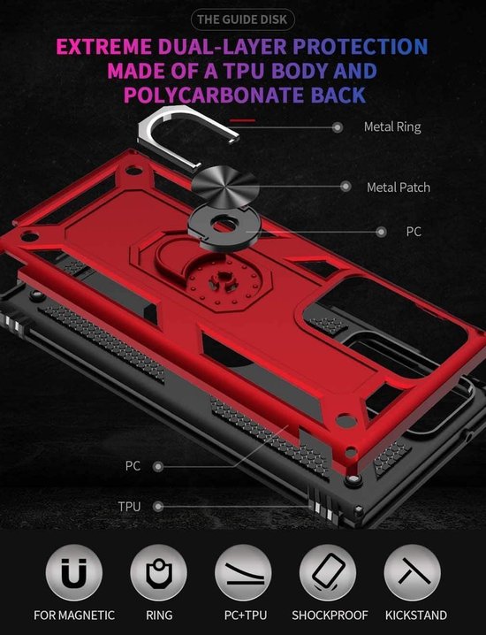 Samsung Galaxy Note 20 Hoesjes – Hybride Ring Armor Backcover – Schokbestendig – Anti-Shock – Rood-Ilumina Benelux