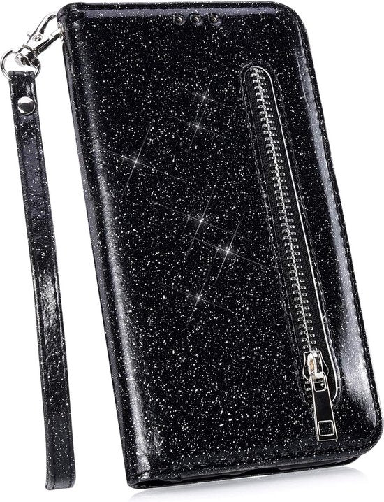 iPhone X / XS Hoesjes – Glitter Portemonnee Hoes – Rits & Koord – Pasjeshouder – Zwart-Ilumina Benelux