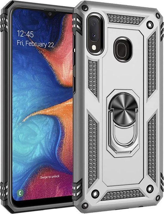 Samsung Galaxy A20E Hoesjes – Anti-Shock Hybride Ring Armor Backcover – Schokbestendig – Zilver-Ilumina Benelux