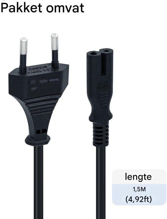 c7 kabel - 1,5 m zwarte stroomkabel - C7-draad Euro-stekker - C7 2-pins stroomkabel - stroomkabel 2 aderig - geschikt voor PS5 / PS4 / PS3 / Xbox Series X/S - zwart