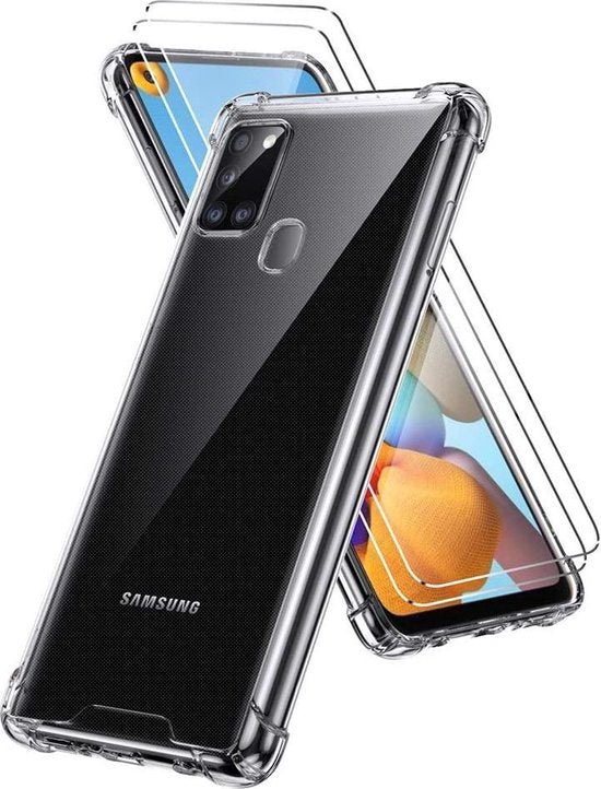 Samsung Galaxy A21S Hoesjes – Anti-Shock Hybride Backcover + 2x Gehard Glas Screenprotector – Transparant-Ilumina Benelux
